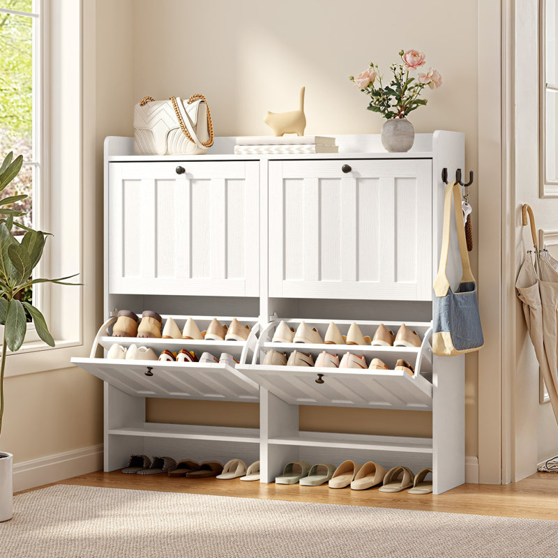 4-Drawer Flip-Front Shoe Storage Cabinet for Entryway., 4 Flip Drawers, White