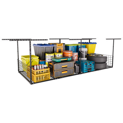 Overhead Garage Storage Rack - 8' x 3' Heavy Duty Garage Overhead Storage Shelving, 22"-42" Adjustable Height Ceiling Hanging Rack, 600 LBS Weight Capacity Black Garage Organization Shelf
