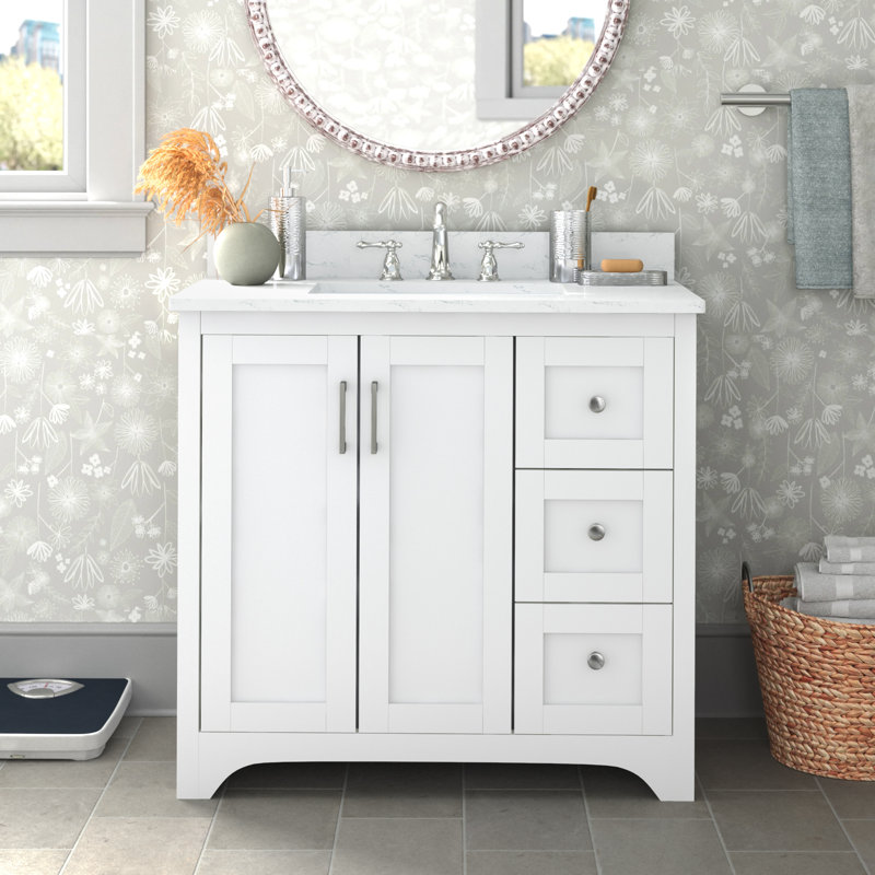 Moore 36'' Single Bathroom Vanity with Engineered Marble Top, White