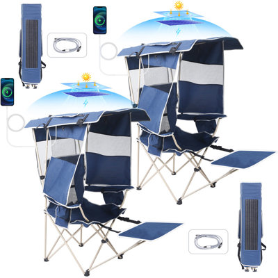 Portable Outdoor Chair, Camping Chair, Chair with Canopy, Fishing Chair, Folding Chair with Removable Canopy, 30W Solar Panel, Adjustable Footrest & Cooler (Navy Blue 2 Pack)