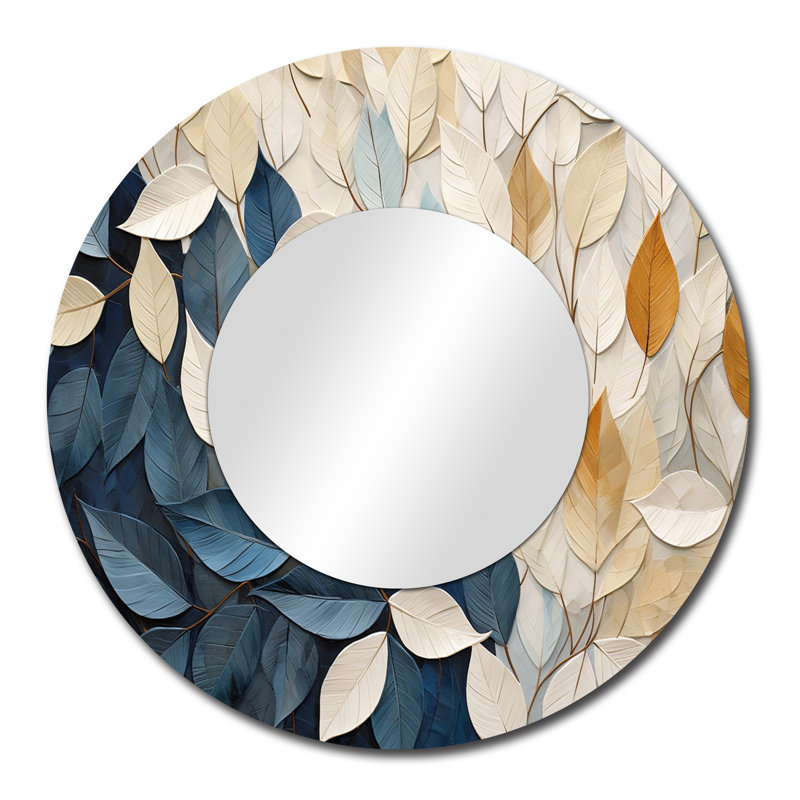 Rital Beige And Blue Minimalism Leaves Collage - Leaves Mirror, Traditional Round Unique Wall Mirror, Printed Metal Art