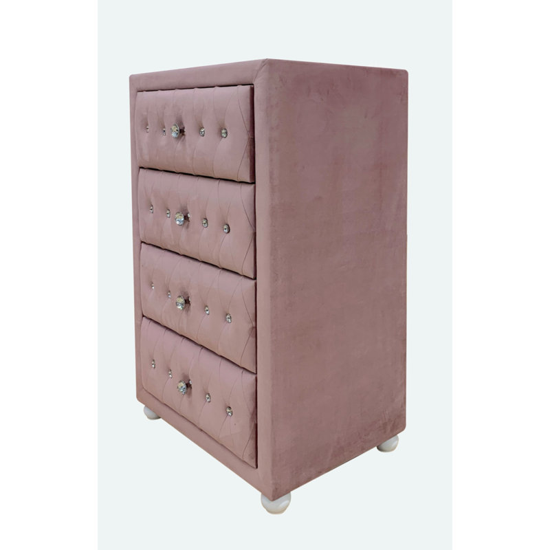 Commode rembourrée Maricelys avec capitonnage à boutons et pieds en bois