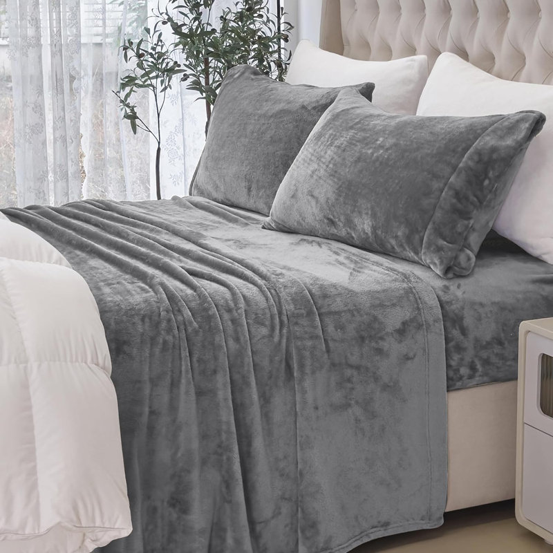 Ensemble de 4 valises pour chambre d'amis, Ensemble de draps pour grand lit avec 2 taies d'or, Gris