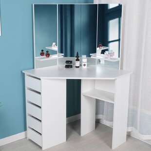 Makeup Vanity Desk with Mirror and Lights Adjustable Brightness 3 Color Modes for Bedroom White, Size: 42.9 x 20.5 x 56.1