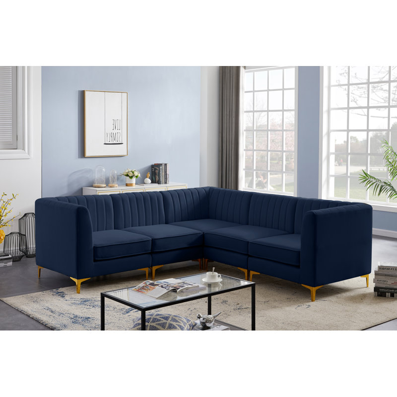 Enson Velvet L-Shaped Sectional Reversible, Navy Velvet