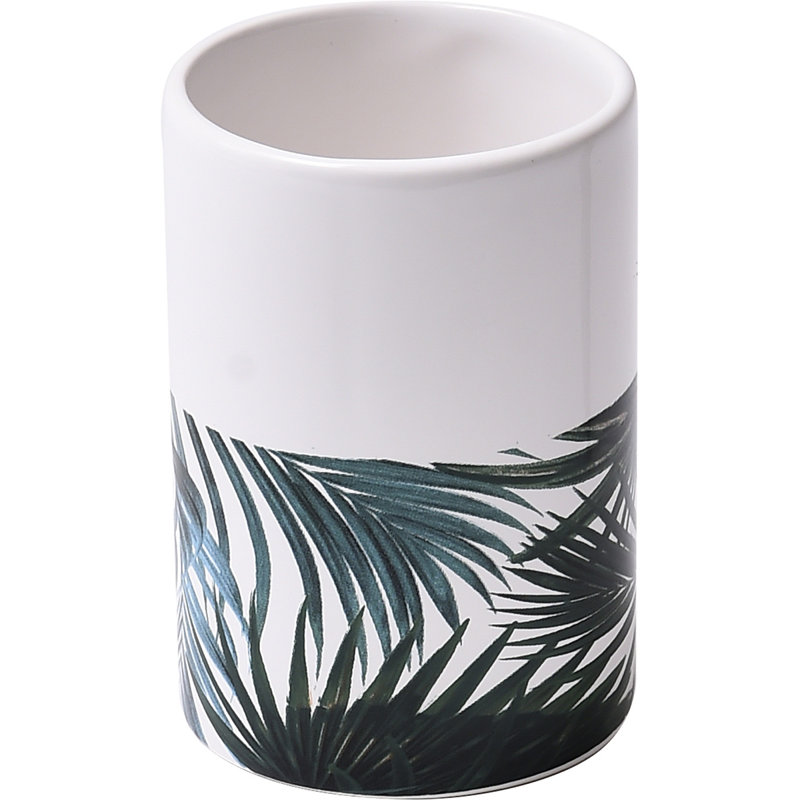 Tropical Leaf Ceramic and Wood 4-Piece Bathroom Accessory Set