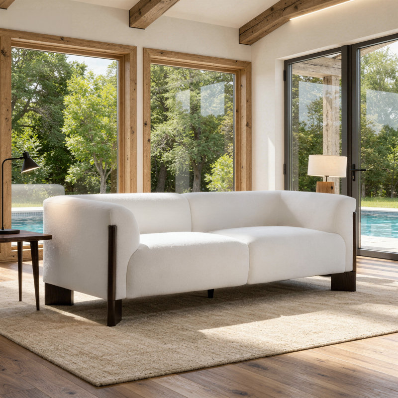 Canapé rembourré 2 places en chenille beige avec accoudoirs courbés et pieds en bois massif, Beige