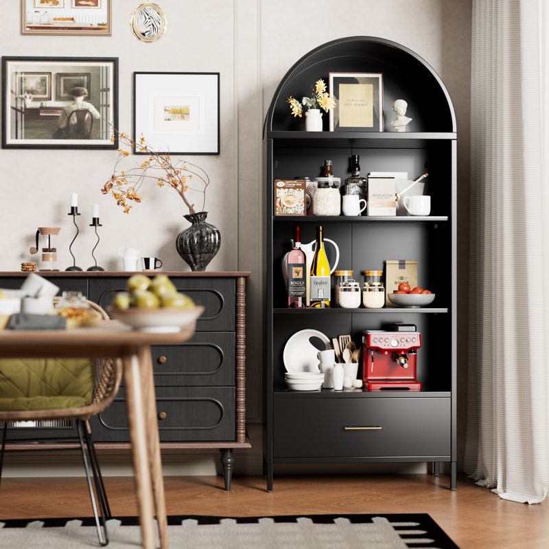 30.7''w X 72.8''h X 15.4''d Metal Arched Bookshelf, Accent Arch Kitchen Pantry Cabinet With Drawer For Home Office Bar Living Room Farmhouse, Assembly Requlred