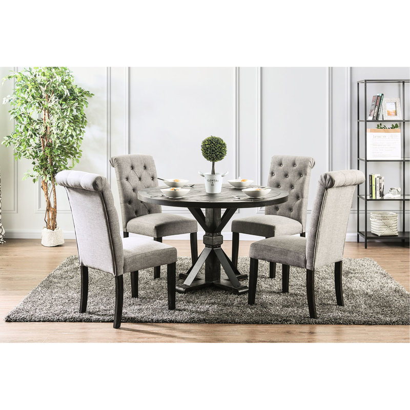 2 chaises de salle à manger rustiques, tissu semblable au lin gris, bois massif, dossier à boutons, magnifique caractéristique de 2 chaises d'appoint pour la pièce, noir et gris antique, style