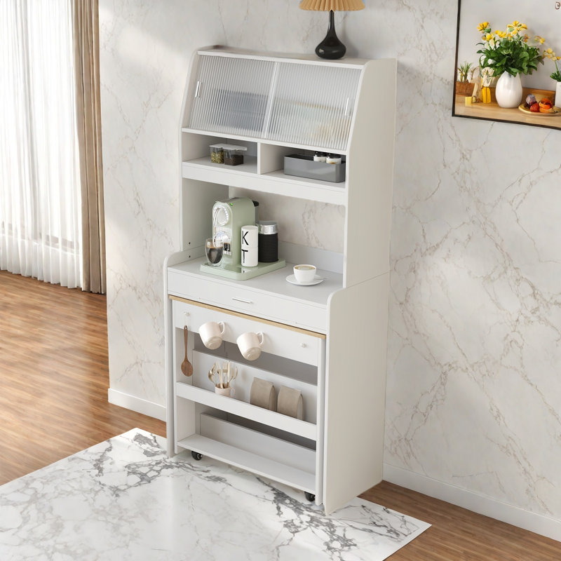 Buffet With Hutch And Foldable Dining Table, Storage Shelves, Side Hooks And A Cabinet With Sliding Doors, White/Natural
