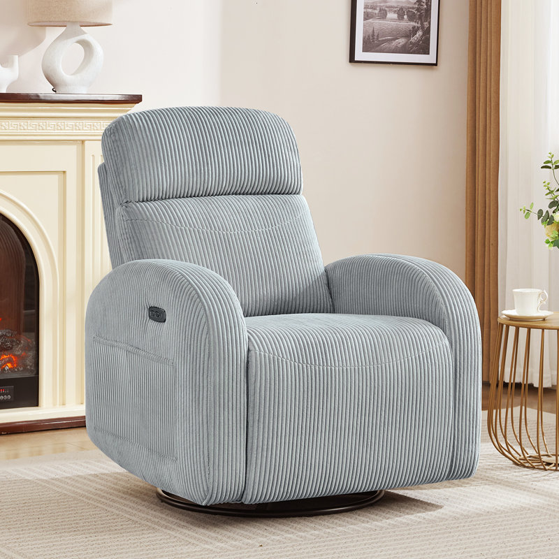 Delba 37"W Power Swivel Rocker Glider Nursery Recliner with USB & Type-C Port,Round Armrest and Double Pockets, Gray Corduroy