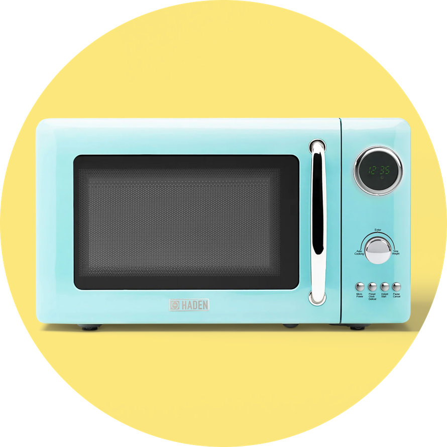 A retro-style light blue countertop microwave with silver handle and dials against a yellow circular background.