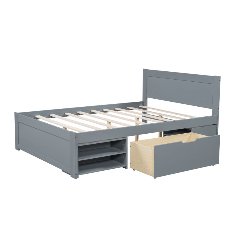 Lit plateforme avec tiroir et deux tablettes Corkey, gris, Double