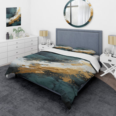 Gold And Green Abstract Marble Waterfall III - Abstract Painting Duvet Cover Set