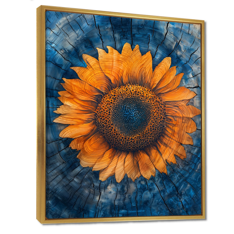 Tournesols dorés sur une glissade sur bois - Tournesols encadrés, H 20 po x l 12 po, Impression encadrée flottante, Doré