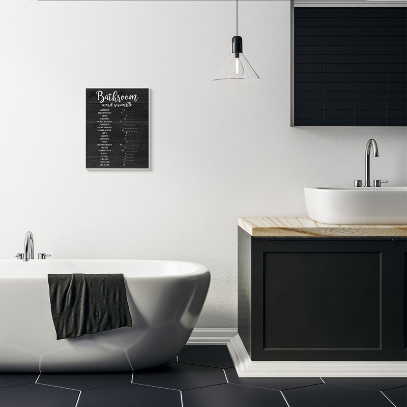 « salle de bain, noir et blanc brouiller », impression, Plaque en bois, H 13 po x l 19 po x P 0,5 po