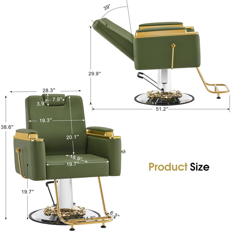 Inbox Zero Luxurious Barber Chair with Hydraulic Pump, Adjustable Reclining Salon Chair, Green Sponge