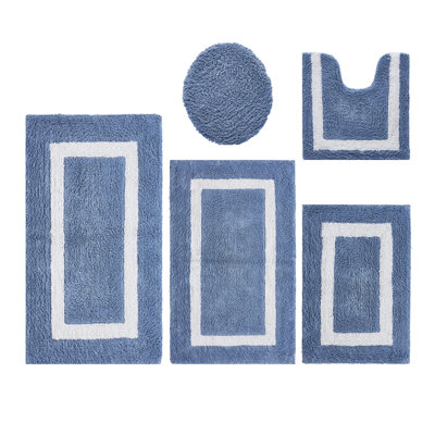 Ensemble de tapis de bain 5 pièces Makbul Premium 100% coton 2370 g / m², certifié OEKO-TEX®, tapis de salle de bain touffeté ultra moelleux, super absorbant, réversible, lavable à la machine, confort semblable au spa, bleu foncé / blanc