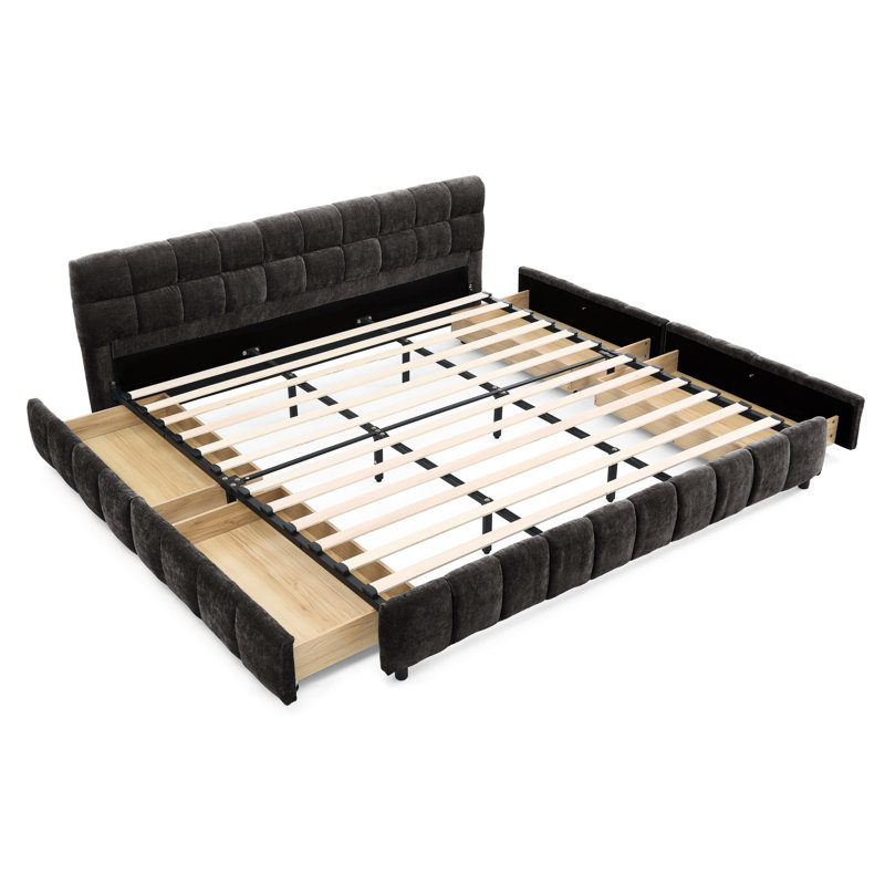 Lit plateforme très grand avec chenille et tiroir de rangement organisé - revêtement gris foncé, Dark Grey