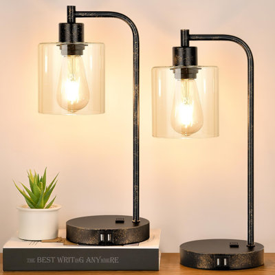 Industrial Touch Table Lamps Set Of 2 With USB Ports & AC Outlet, 3-Way Dimmable Nightstand Desk Lamp For Bedroom Living Room, Glass Shade & LED Bulbs