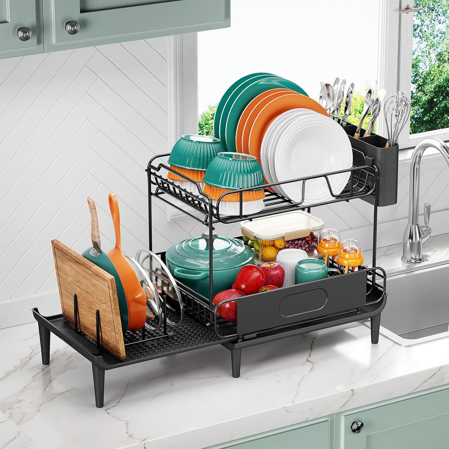 AZOPIR Expandable 2 Tier Dish Rack Large Capacity Dish Drainer With ...