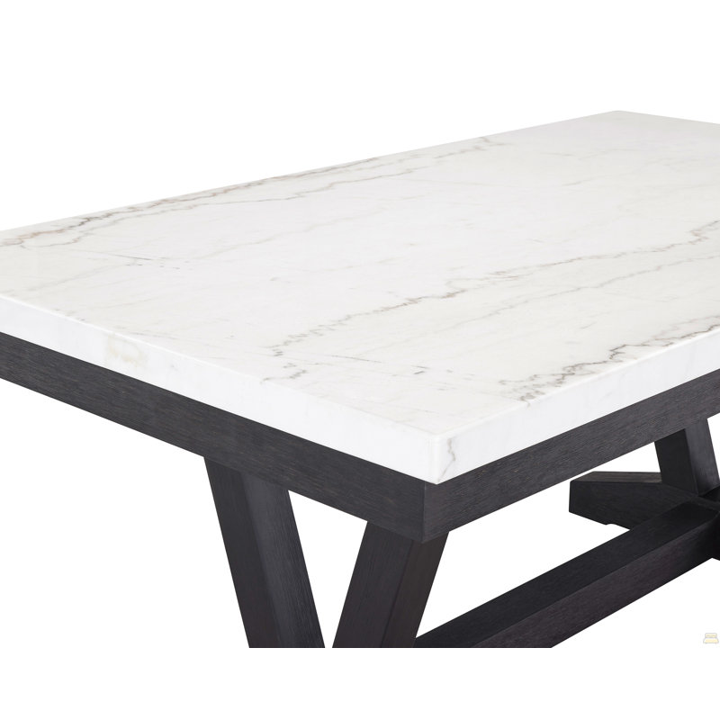 1 table de salle à manger moderne transitionnelle formelle en marbre véritable blanc avec plateau en tréteaux et pieds en bois noir