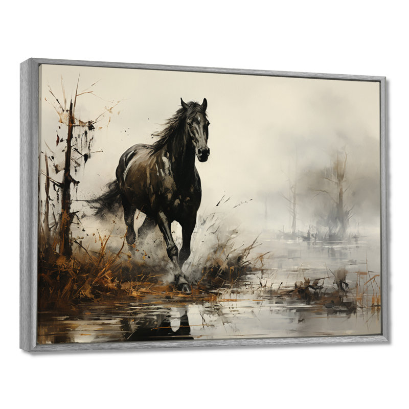 «Grey Horse Misty Morning Canter II», art mural cheval, Encadrement argenté, 12" H x 20" W