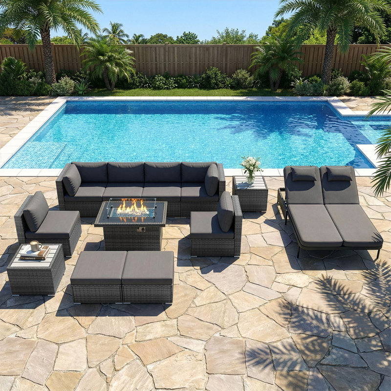 Deep Seating Outdoor Conversation Sectional Furniture Set With Fire Pit And Double Chaise Lounge, Dark Gray, Double Chaise