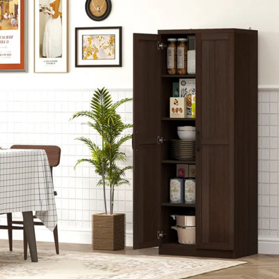 Cinnamon Cherry Wood Grain 63" Freestanding 2-Door Kitchen Pantry Cabinet, Tall Storage Buffet with 2 Adjustable Interior Shelves, 88 Lbs Total Weight Capacity for Dining Room Kitchen Living Room