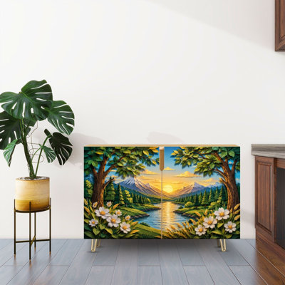 Sideboard Buffet Cabinet with Storage Sunset Mountain Valley River Blooming Wildflowers with 2 Doors for Living Room and Kitchen