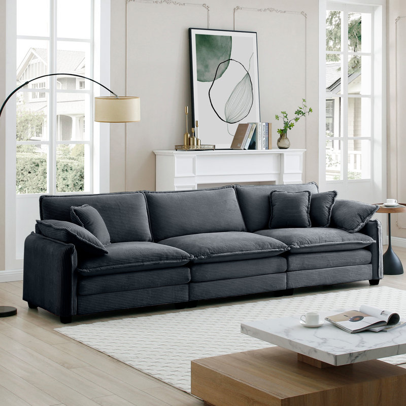 Canapé 3 places en velours côtelé gris Mira (3S), H 33,85 po x l 115,34 po x P 34,25 po, 3, Gris clair