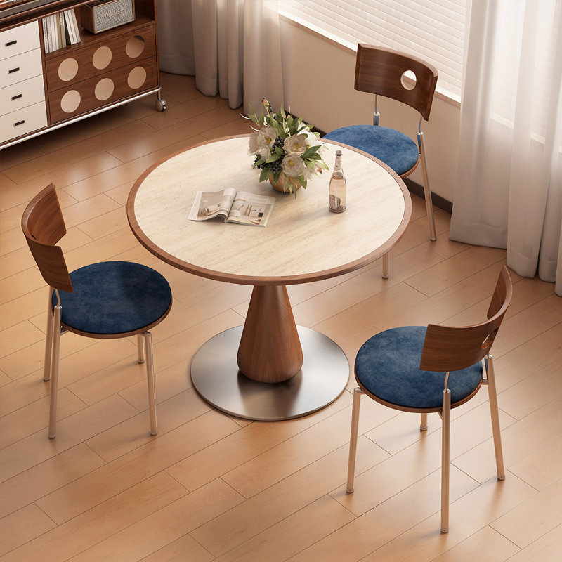 Beige + cristal-crème + brun + pierre frittée ronde argentée + bois massif + table de salle à manger en acier inoxydable