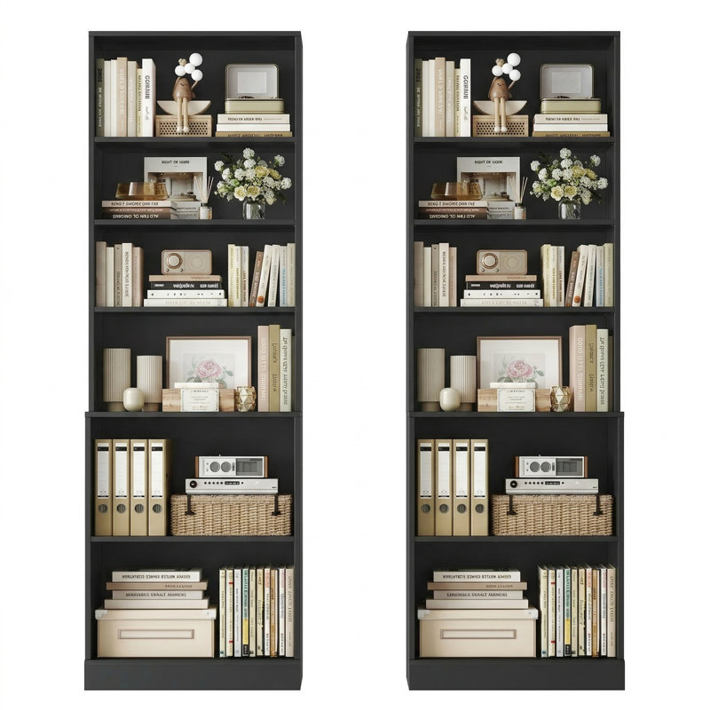 2-piece Tall Bookcase Set With Extra Desktop, Adjustable Shelves, And Enclosed Storage, Multi-functional Storage Bookshelf In White/black