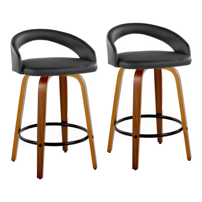 Tabouret de comptoir à hauteur fixe avec pivot en bois de noyer et similicuir noir avec repose-pieds rond en métal noir - ensemble de 2