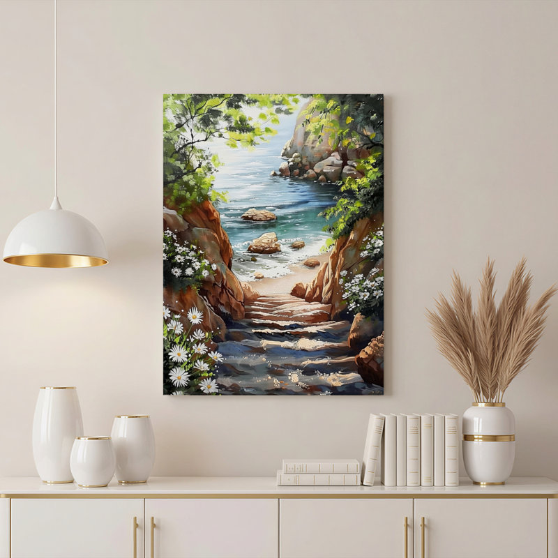 Paysage côtier avec roches et fleurs, reproduction d'art sur toile tendue sur toile, ensemble de 1, H 18 po x l 12 po
