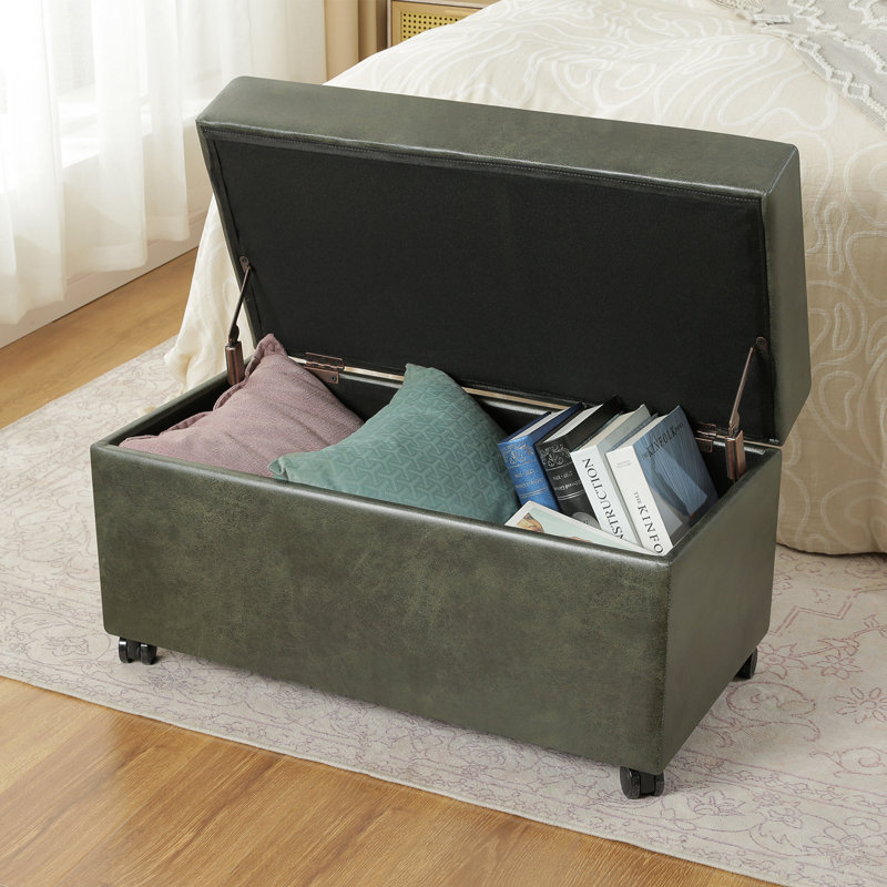 32 Inches Faux Leather Storage Ottoman Bench With Casters, Green