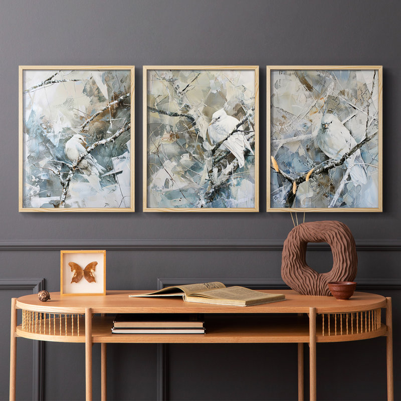 Aviary Study  Series  XIII  -Set Of 3 Framed Giclee Prints -Ready to Hang, Natural Framed, 14" H x 11" W
