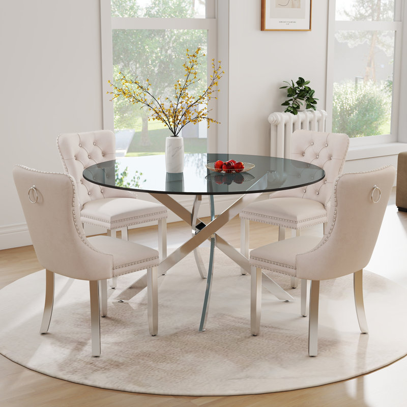 Ensemble de salle à manger à piédestal moderne avec chaise de salle à manger capitonnée en velours, Beige / argent