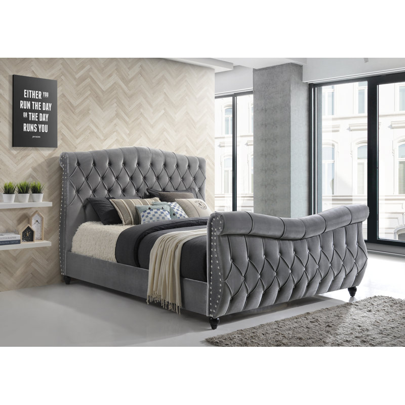 Alzado Upholstered Velvet Bed, Kingsize (5'), Grey