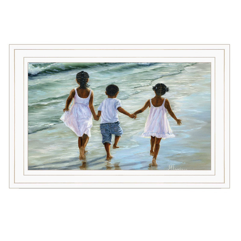 "Courir sur la plage" par Georgia Janisse, reproduction encadrée prête à accrocher, cadre blanc
