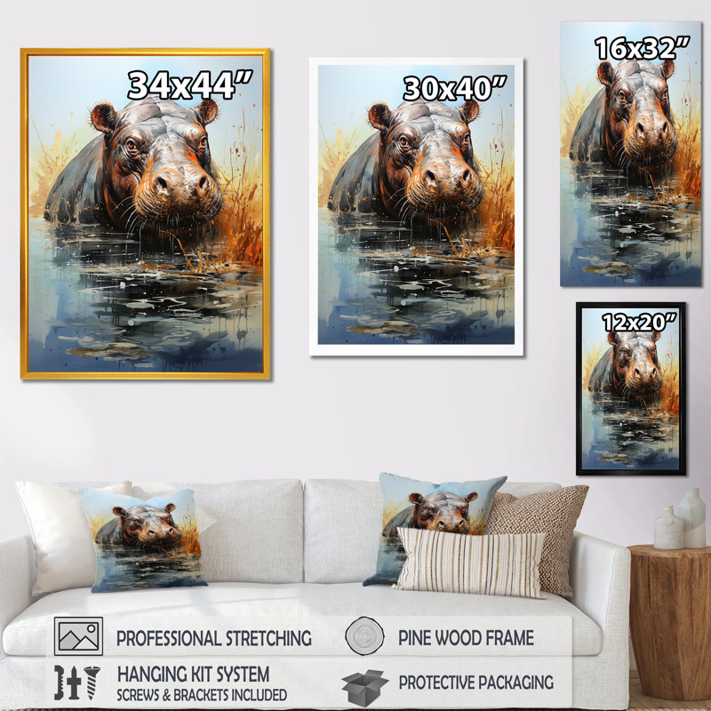Gris majestueux Hippo Elegance V - art mural hippopotame, Cadre doré simple, H 32 po x l 16 po x P 1 po
