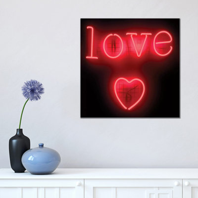 Neon Love Heart Red On Black by Hailey Carr - Wrapped Canvas Gallery-Wrapped Canvas Giclée