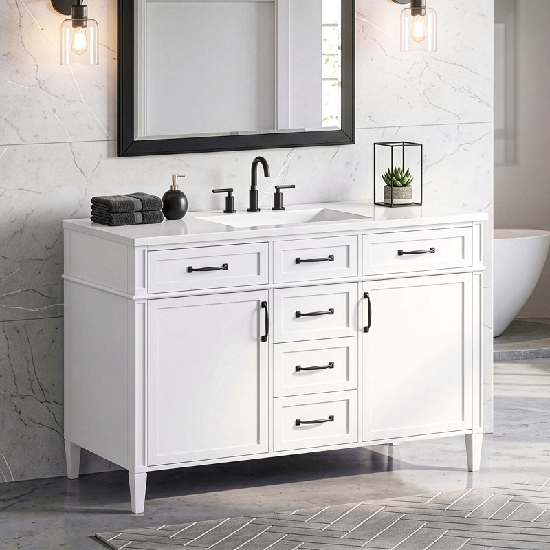 Meuble-lavabo 48 po avec comptoir en composite, meuble-lavabo autoportant à 4 tiroirs, 2 portes, tablettes réglables et poignées noires