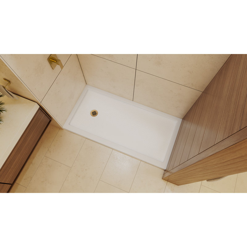 DreamLine SlimLine 36 inch D x 60 inch W x 2 3/4 inch H Single Threshold White Alcove Shower Base with 2 inch Brushed Brass Left Round Drain