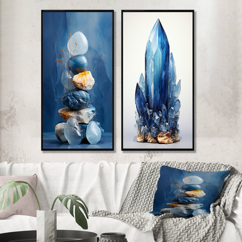 Ensemble de 2 impressions sur toile Blue Stone, H 28 po x l 25 po, Cadre flottant noir