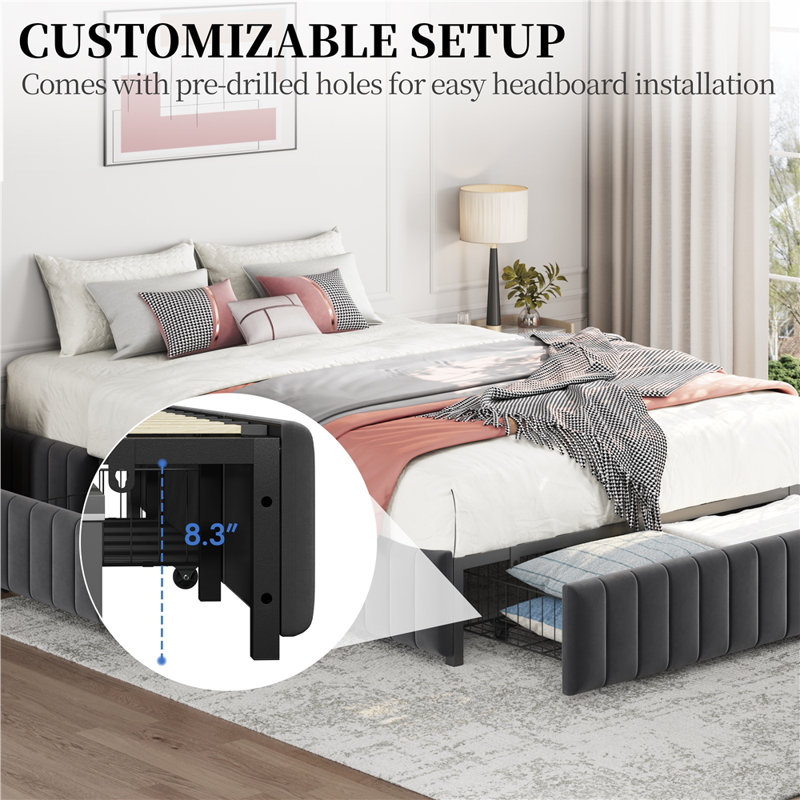 Lit plateforme tapissier avec rangement Argjirulla, Complète, Gris