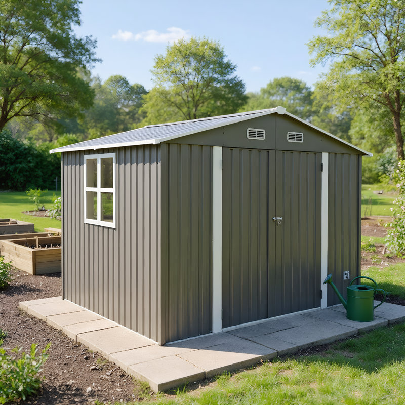 Large 10x8 ft Metal Storage Shed for Backyard, Lockable with Vent & Window | Holds Lawn Mower, Bikes, Tools, Patio Gear - Gray