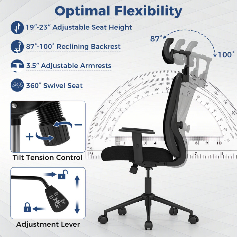 Chaise de bureau ergonomique avec appui-tête 3D et dossier inclinable Gymax pour bureau à domicile noir