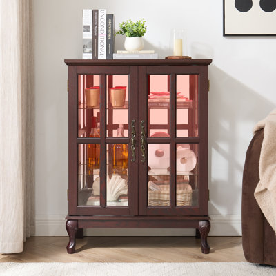 Armoire de rangement en verre cerisier foncé, 30 po x 15,47 po x 40,31 po, panneau de fibres à densité moyenne + verre, 1 pièce, armoires, La surface est recouverte d'un grain de bois classique aux tons chauds