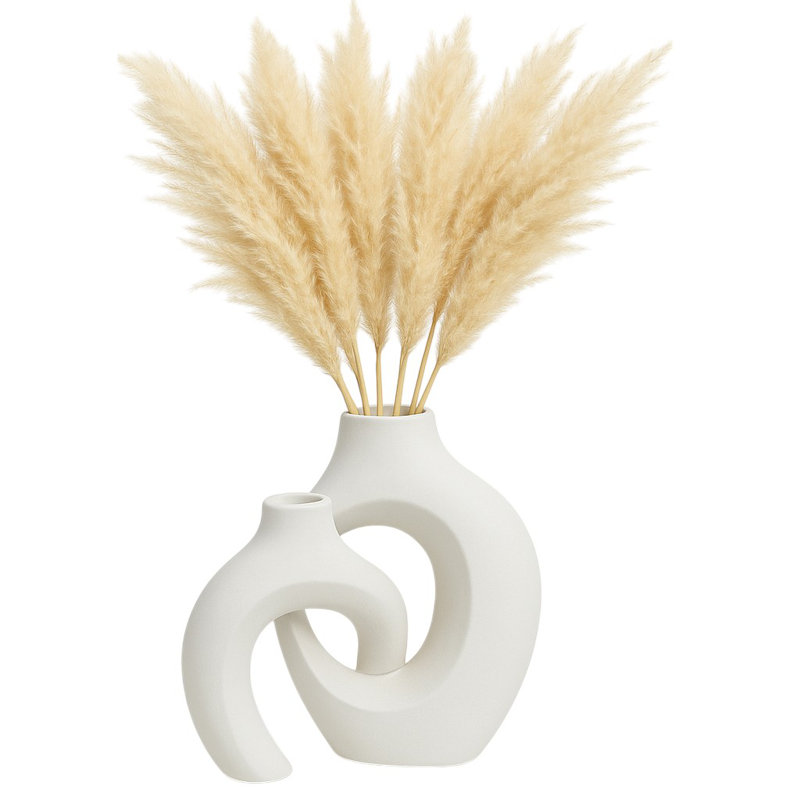 Vase moderne en grès cérame imbriqué à motif sculptural de salon ou de bureau, ensemble de 2 - 13 po, 11 po blanc